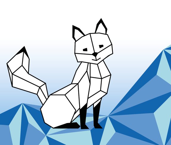 Brandolin der Fuchs | © Bergbahnen Brandnertal Designelement: Grafik von Brandolin, geometrischer Fuchs, mit blauen Dreiecken im Hintergrund. | © Bergbahnen Brandnertal
