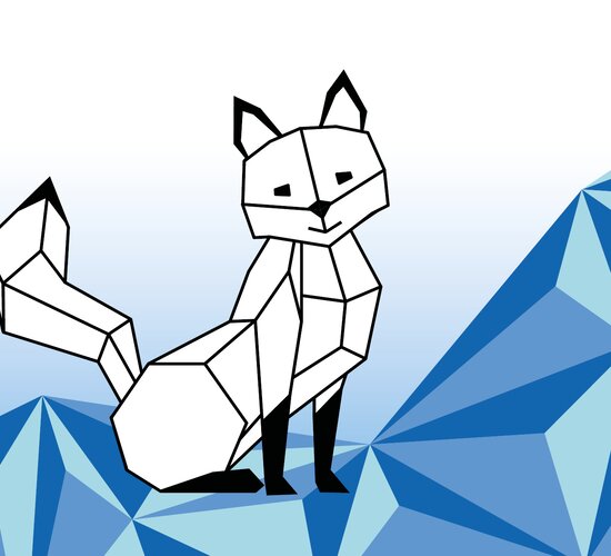 Brandolin der Fuchs | © Bergbahnen Brandnertal Designelement: Grafik von Brandolin, geometrischer Fuchs, mit blauen Dreiecken im Hintergrund. | © Bergbahnen Brandnertal